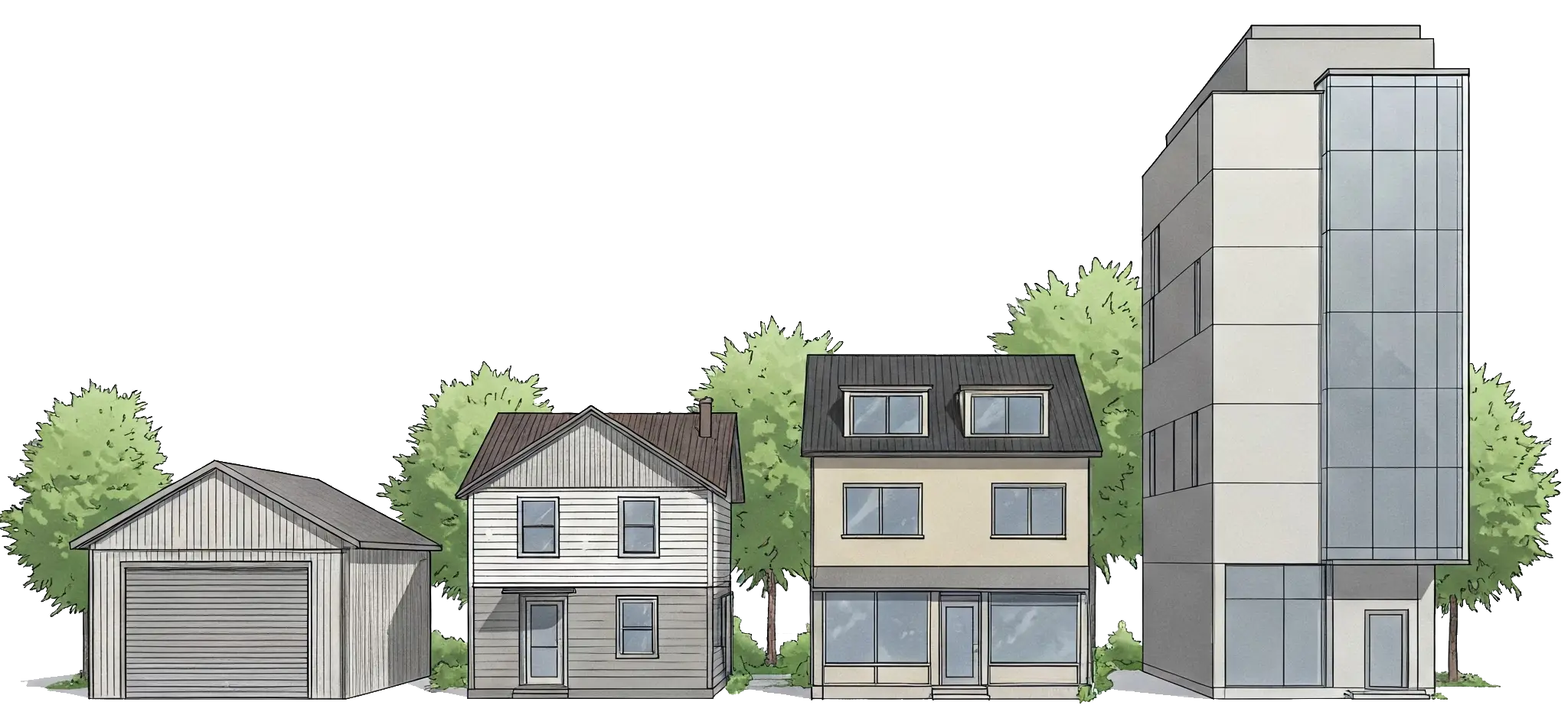 From left to right, small garage, house, small storefront and large enterprise building in an illustrative styling